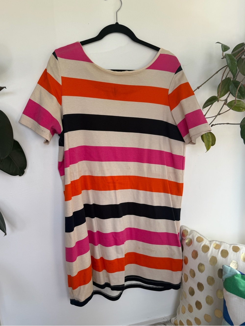 H&M Striped Short Sleeve Shift Dress in Pink, Orange, navy , and Cream